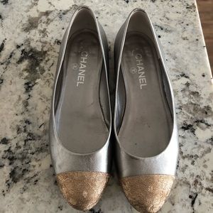 AUTH CHANEL Metallic Crystal Ballet Flats Sz 39.5